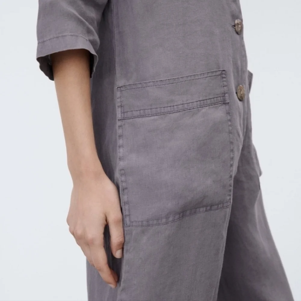 Zara 100% Linen Front Pocket Grey Boiler Jumpsuit  Onesie NWT Size Small